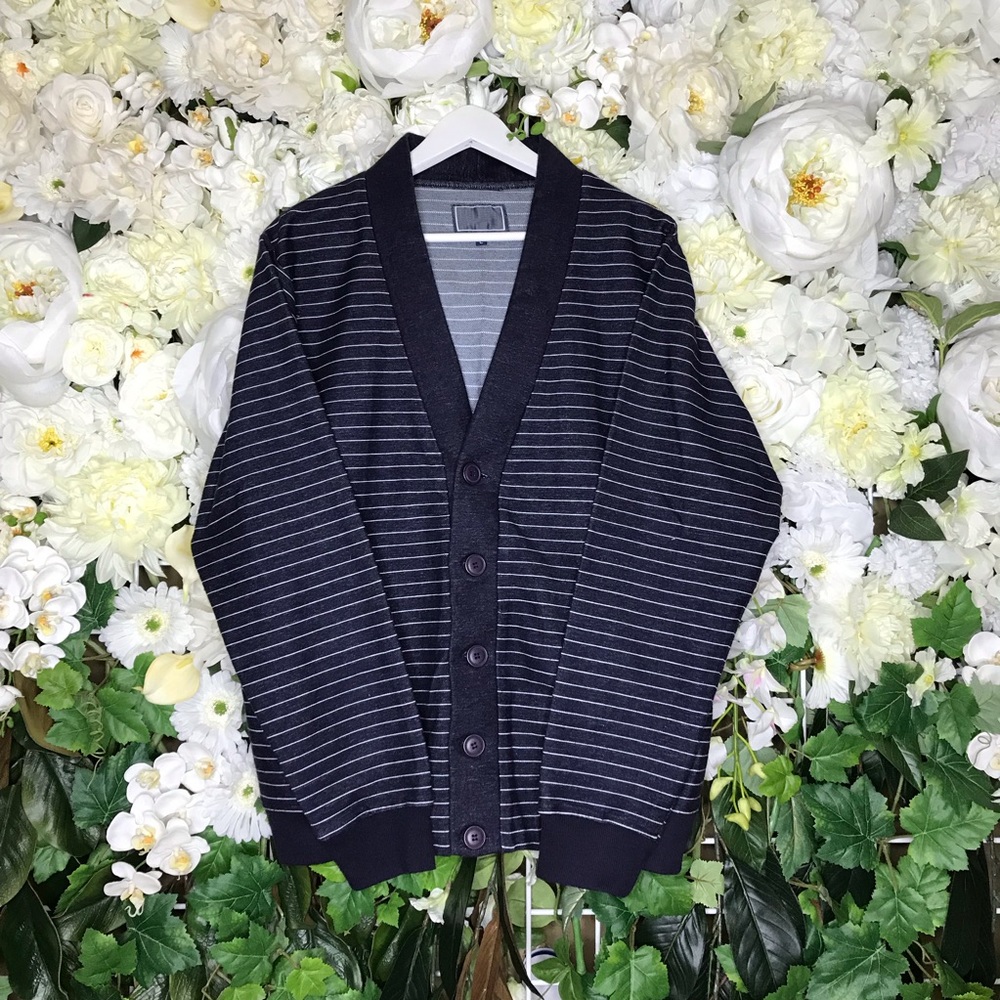 Blue Cardigan with White Pinstripes
